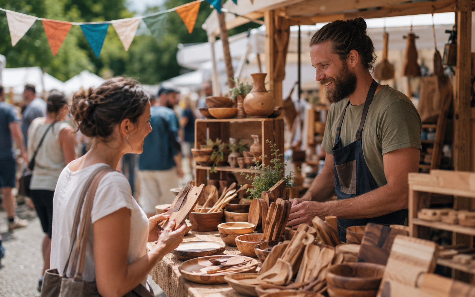 A vibrant craft market with handmade goods on display