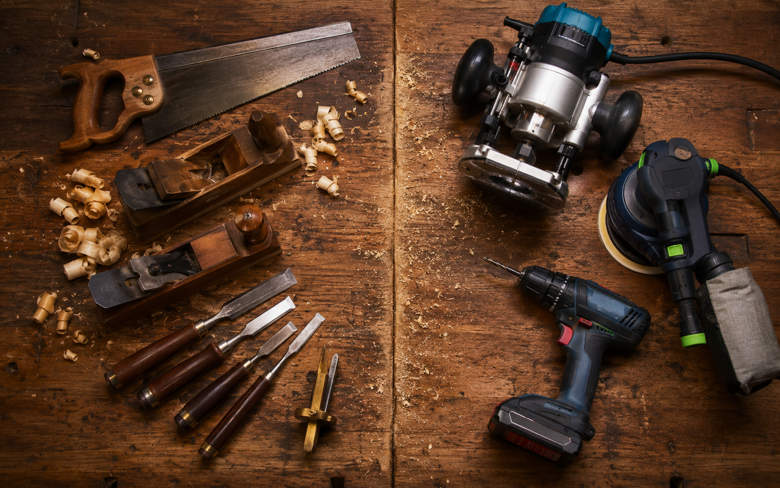 Hand tools and power tools arranged on a woodworking bench