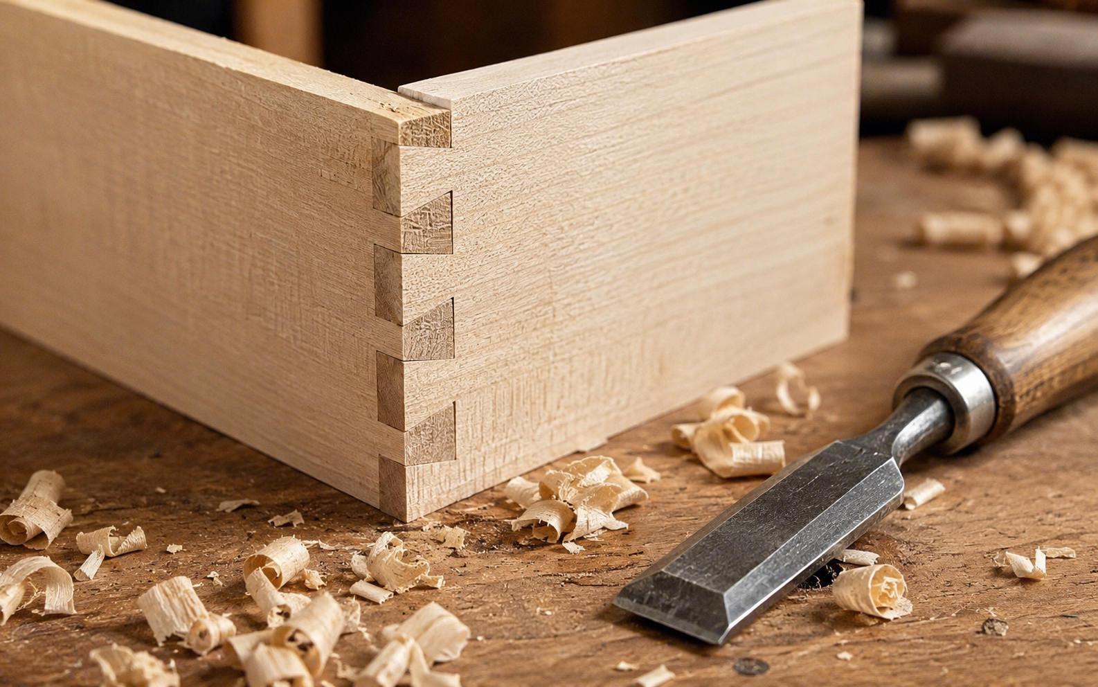 Close-up of dovetail joinery in progress