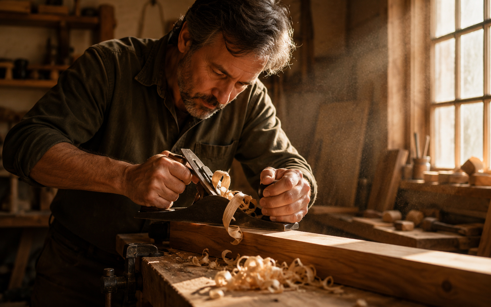 Woodworker hand-planing in a quiet workshop