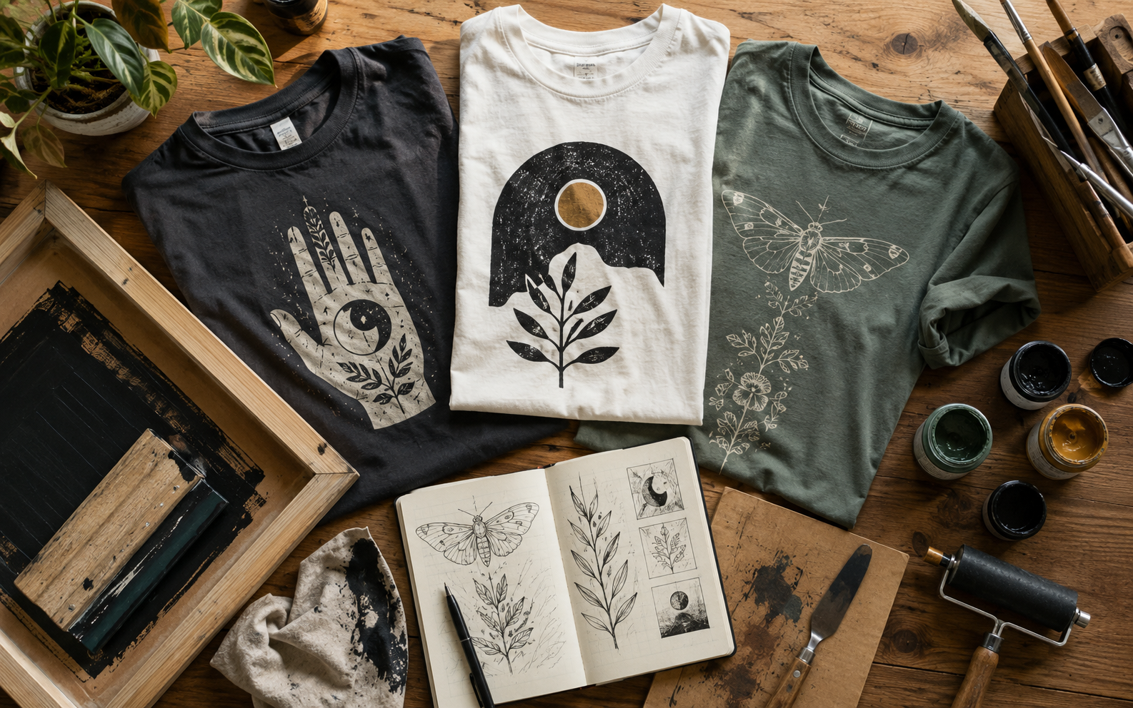 Printed graphic tees displayed alongside handmade crafts
