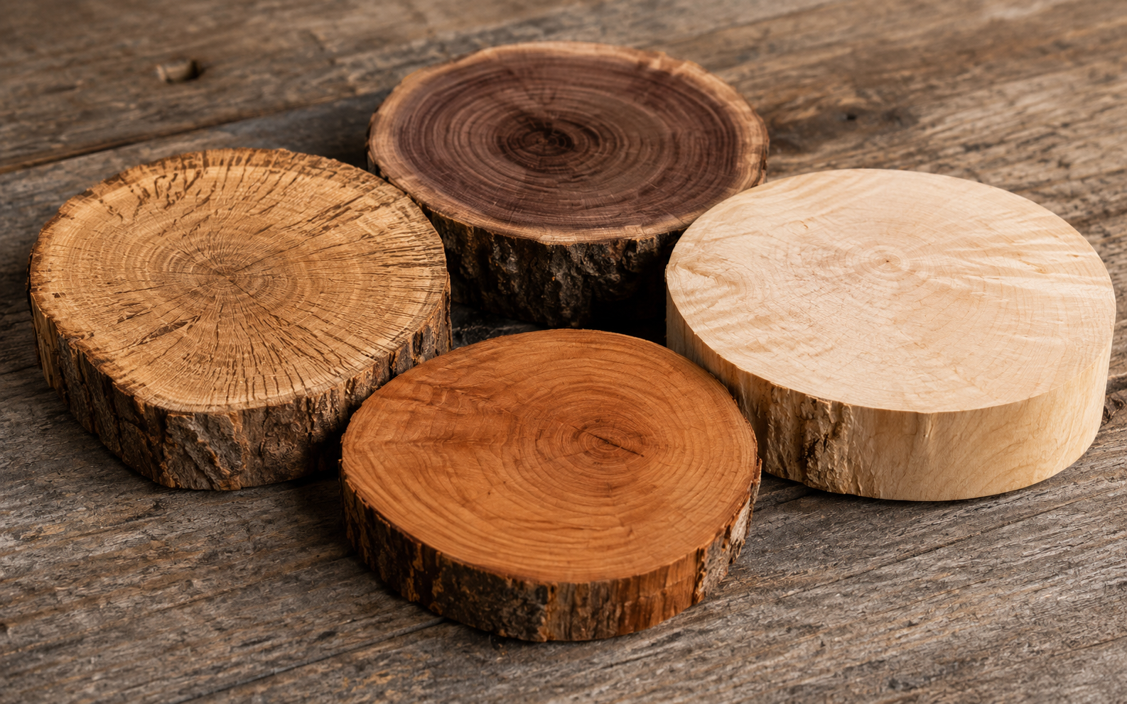 Various wood species laid out for comparison
